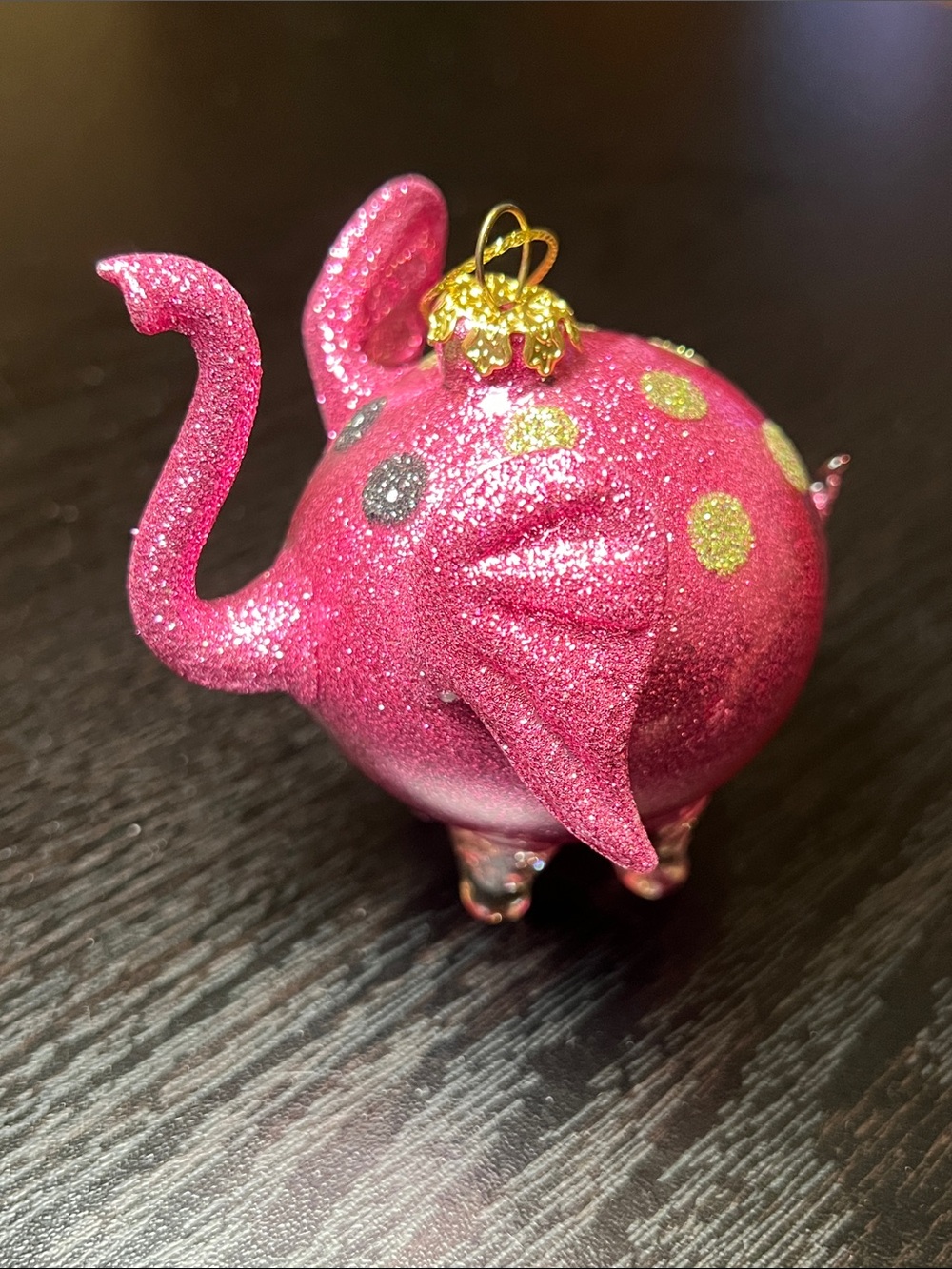 VTG Pier 1 Pink Round Elephant Blown Glass Christmas Ornament Glitter Polka Dot